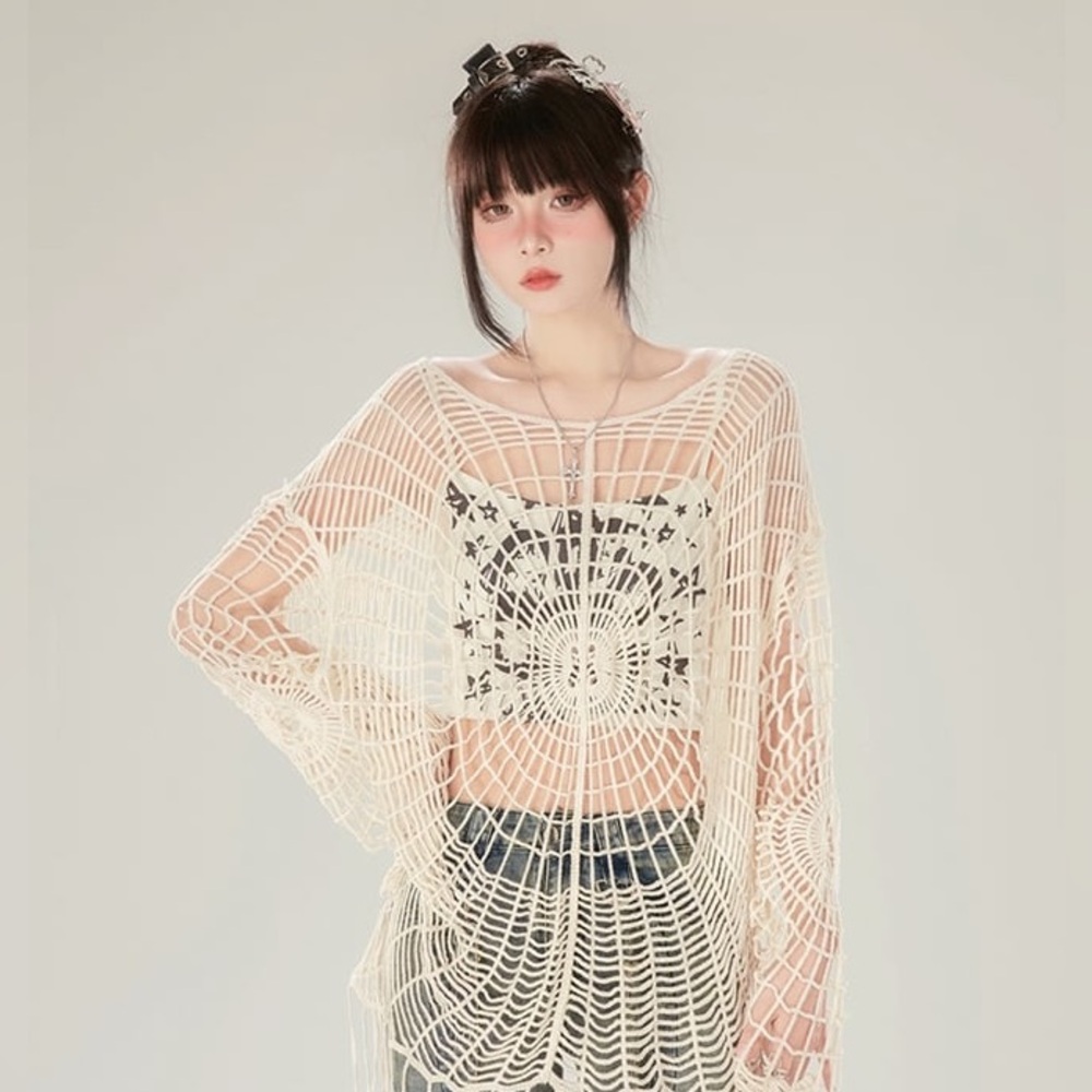 Spider Web Design Apricot Hollow Out Crochet Knit Top - Picture 3 of 7